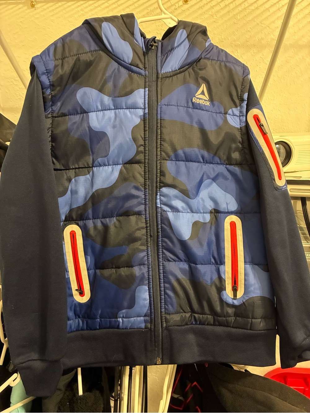 Reebok Boys' Blue Camo Hooded Puffer Jacket with Red-Trim Pockets